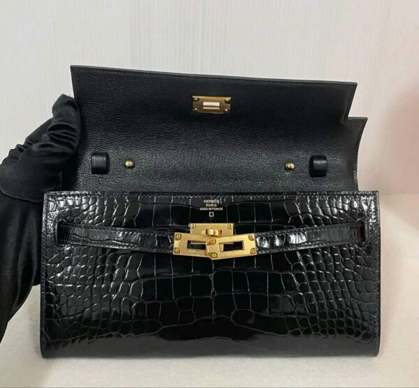 Excellence condition Kelly ToGo Wallet Croc. Alligator Noir-Shiny GHW st.U (2022) - Image 7