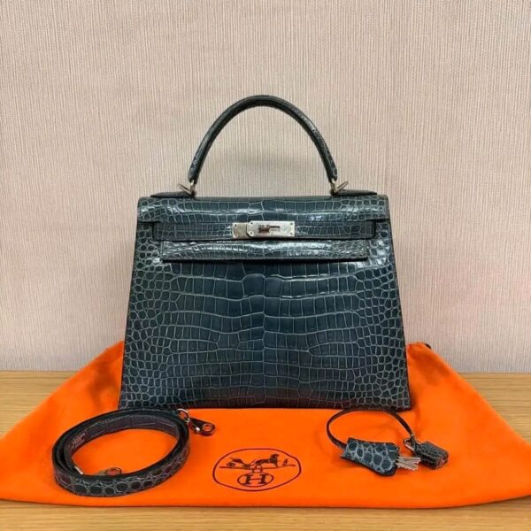 Hermes Kelly28 Blue Jean Porosus PHW Stamp G 2003